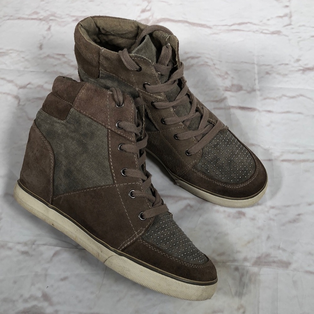American Eagle Outfitters high top wedge sneakers. Green gray color. Size 9 - Picture 1 of 8
